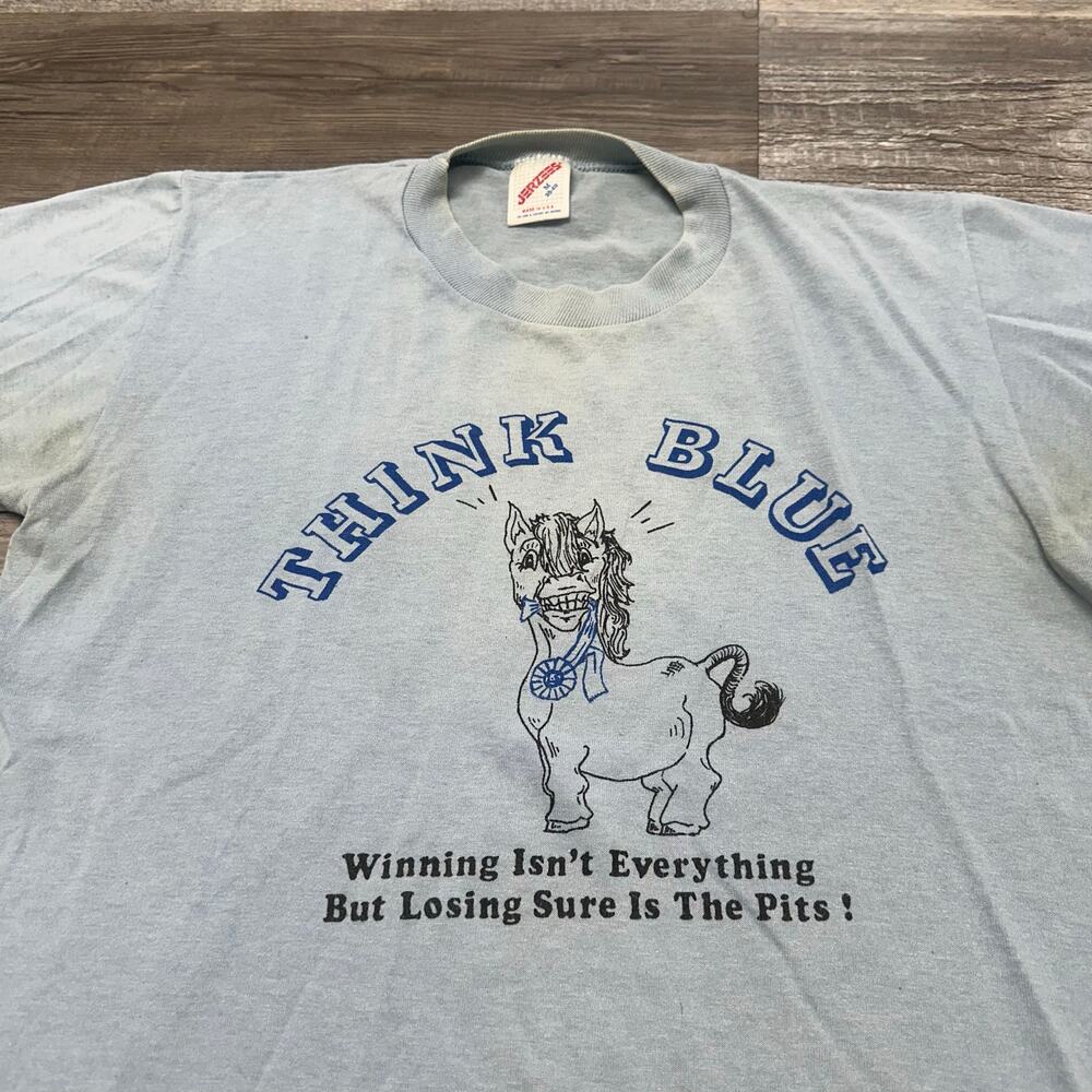 Vintage 80s Jerzees Blue Ribbon Horse Mens M Graphic USA Made Retro Funny Tshirt